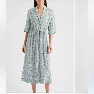 FAHERTY Island Times Tie Waist Midi Dress Blue floral Button-Down Womens LG NWT!